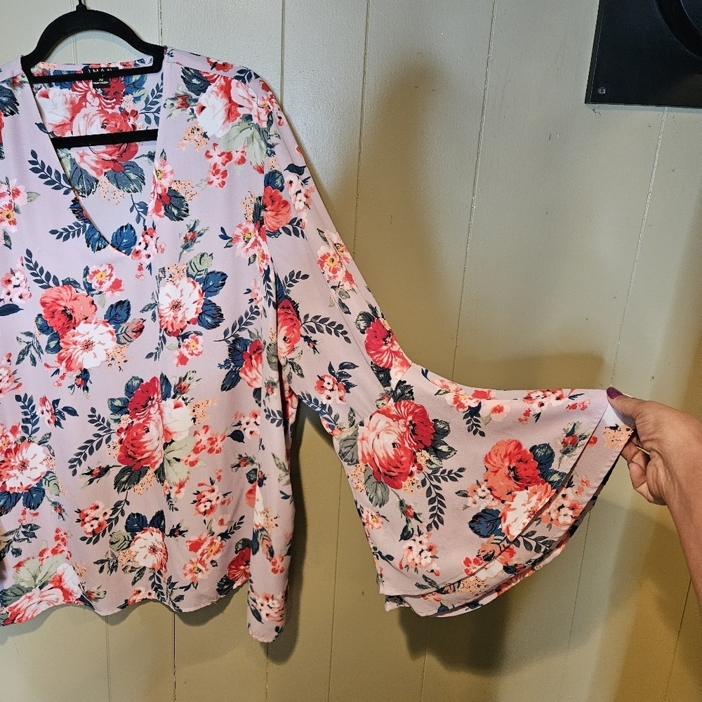 Iman Pink Floral Bell Sleeve Blouse w/ Bell Sleeves Plus-Size 2X, Flowy, Office - Picture 3 of 6
